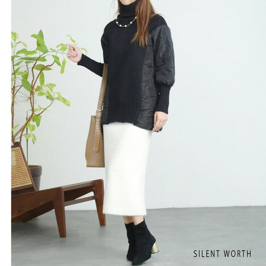 【Mサイズ】キルティング×ニットデザインプルオーバー|異素材切替・あったかオフタートル・サイドボタン仕様|SILENT WORTH N-3017