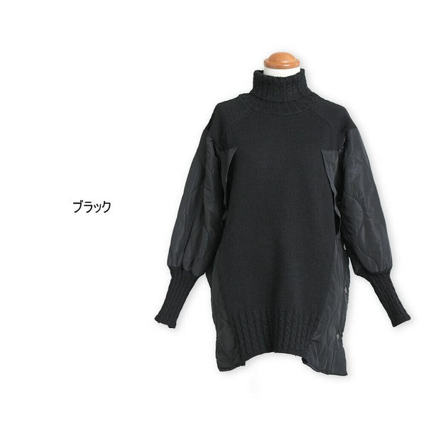 【Mサイズ】キルティング×ニットデザインプルオーバー|異素材切替・あったかオフタートル・サイドボタン仕様|SILENT WORTH N-3017