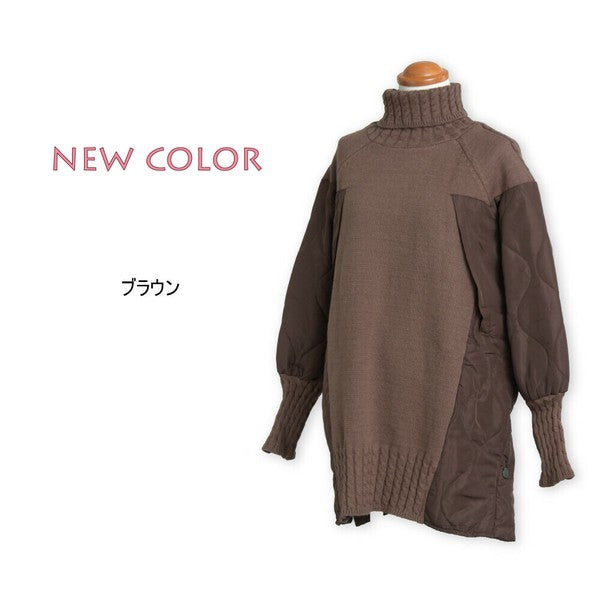 【Mサイズ】キルティング×ニットデザインプルオーバー|異素材切替・あったかオフタートル・サイドボタン仕様|SILENT WORTH N-3017