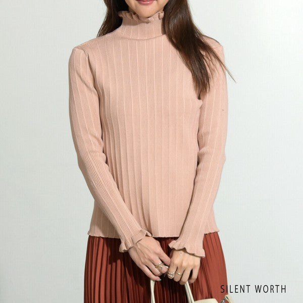【M】リブフリルデザインニットプルオーバー|首元&袖口フリル・シンプル上品・SILENT WORTH・N-2961