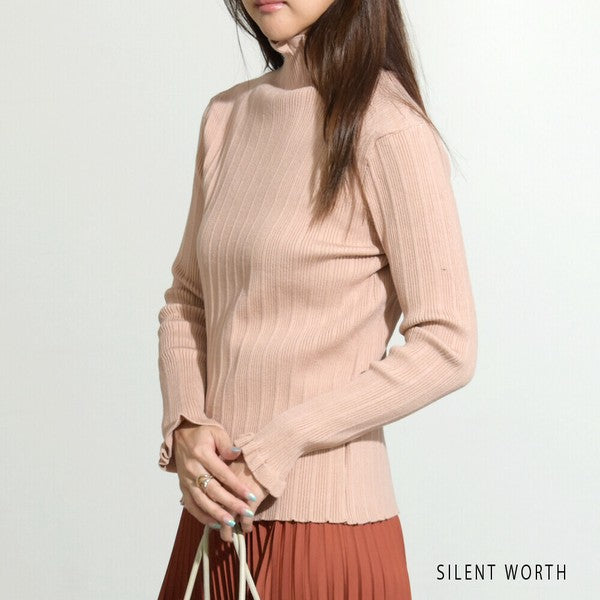 【M】リブフリルデザインニットプルオーバー|首元&袖口フリル・シンプル上品・SILENT WORTH・N-2961