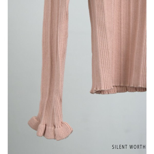 【M】リブフリルデザインニットプルオーバー|首元&袖口フリル・シンプル上品・SILENT WORTH・N-2961