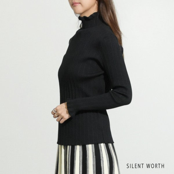 【M】リブフリルデザインニットプルオーバー|首元&袖口フリル・シンプル上品・SILENT WORTH・N-2961