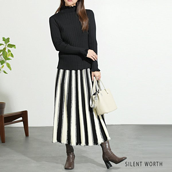 【M】リブフリルデザインニットプルオーバー|首元&袖口フリル・シンプル上品・SILENT WORTH・N-2961