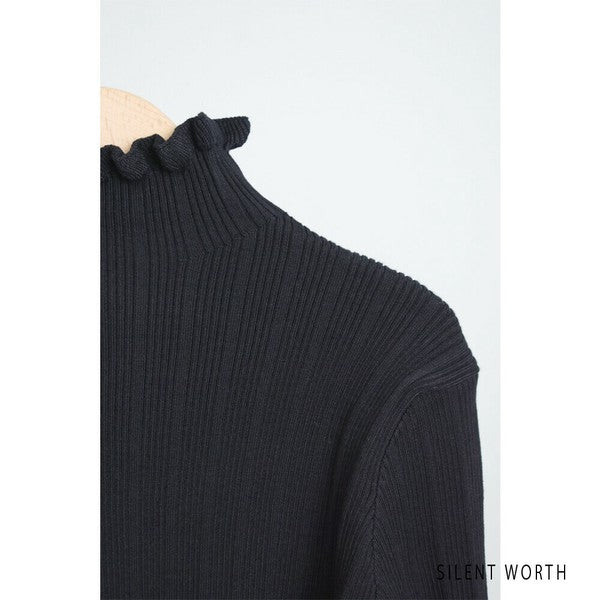 【M】リブフリルデザインニットプルオーバー|首元&袖口フリル・シンプル上品・SILENT WORTH・N-2961