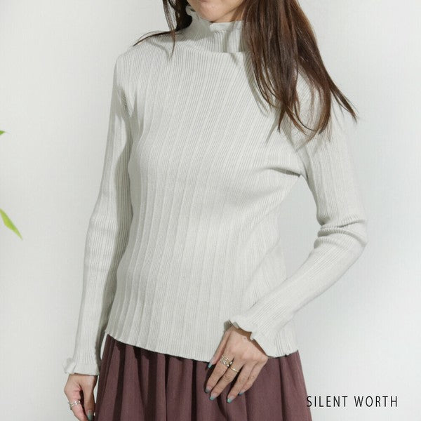 【M】リブフリルデザインニットプルオーバー|首元&袖口フリル・シンプル上品・SILENT WORTH・N-2961