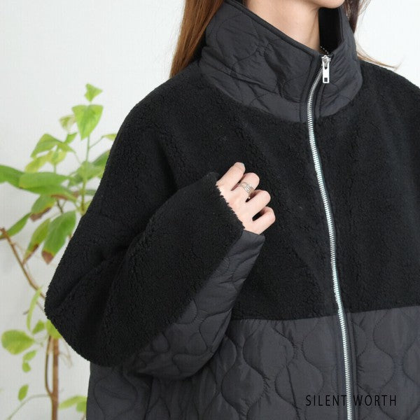 【Mサイズ】キルティング×ボアジップアップコート|軽量あったか・異素材切替・立ち襟デザイン|SILENT WORTH C-320