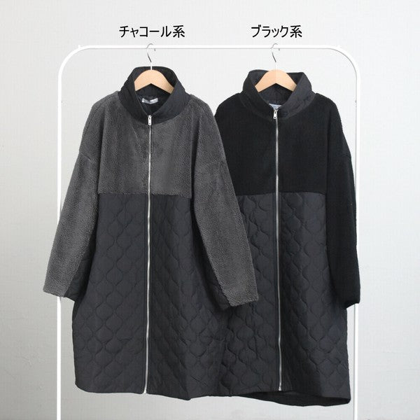 【Mサイズ】キルティング×ボアジップアップコート|軽量あったか・異素材切替・立ち襟デザイン|SILENT WORTH C-320