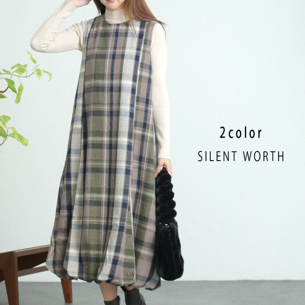 【Mサイズ】大判チェック柄バルーンワンピース|体型カバー・裏地付き・秋冬・SILENT WORTH・C-3198