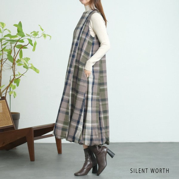 【Mサイズ】大判チェック柄バルーンワンピース|体型カバー・裏地付き・秋冬・SILENT WORTH・C-3198