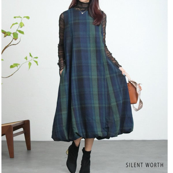 【Mサイズ】大判チェック柄バルーンワンピース|体型カバー・裏地付き・秋冬・SILENT WORTH・C-3198