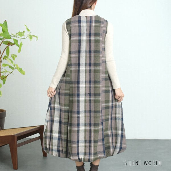 【Mサイズ】大判チェック柄バルーンワンピース|体型カバー・裏地付き・秋冬・SILENT WORTH・C-3198