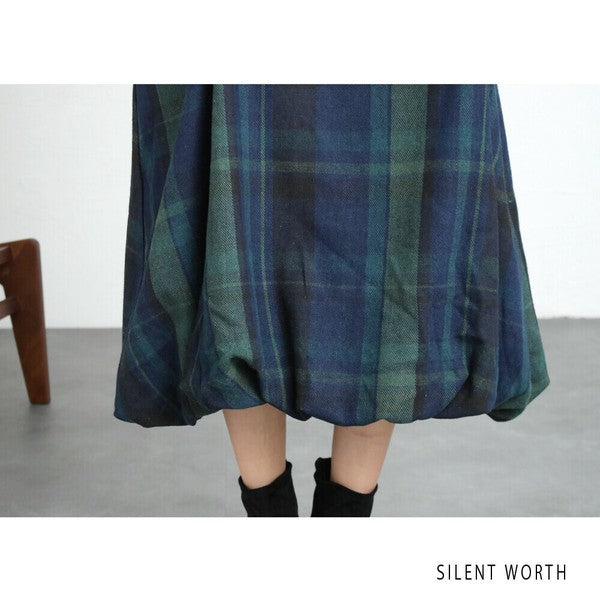 【Mサイズ】大判チェック柄バルーンワンピース|体型カバー・裏地付き・秋冬・SILENT WORTH・C-3198
