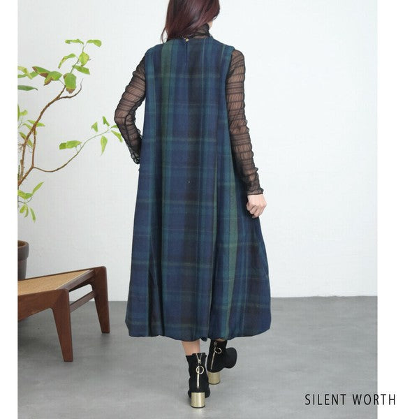 【Mサイズ】大判チェック柄バルーンワンピース|体型カバー・裏地付き・秋冬・SILENT WORTH・C-3198