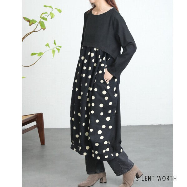 【Mサイズ】ランダムドット柄配色ワンピース|SILENT WORTH レディース 長袖 体型カバー ゆったり C-3216