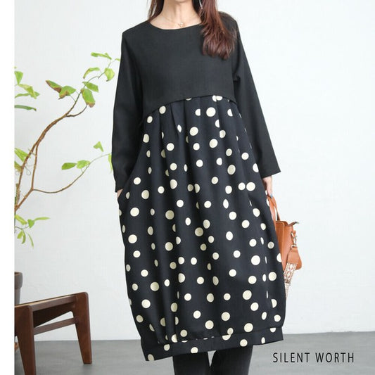 【Mサイズ】ランダムドット柄配色ワンピース|SILENT WORTH レディース 長袖 体型カバー ゆったり C-3216