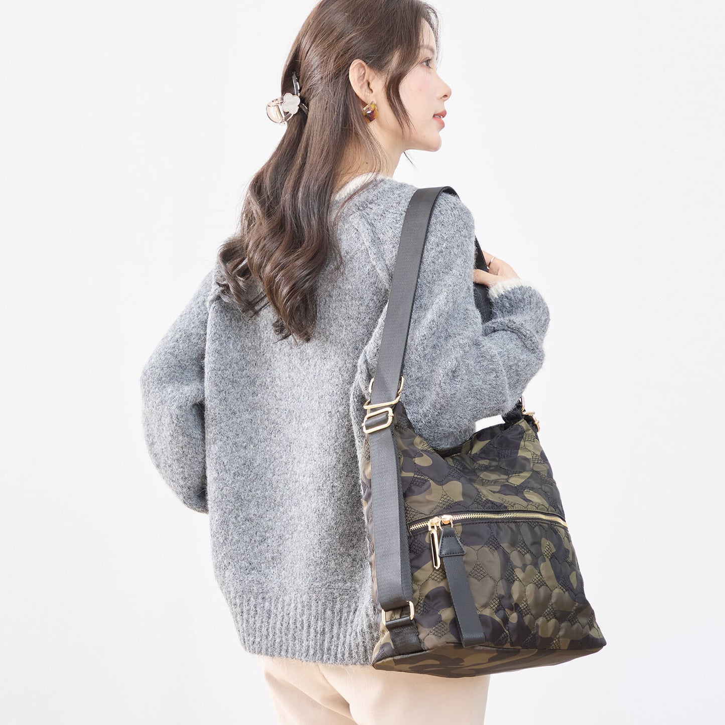 ハート カモフラ柄 2WAY ショルダーバッグ BAG トートバッグ (N92-049)