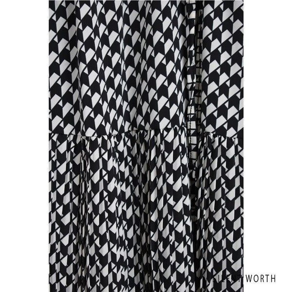 【M】幾何柄ドロストワンピース Vネック ティアード 総柄 レトロ ウエスト調節 SILENT WORTH