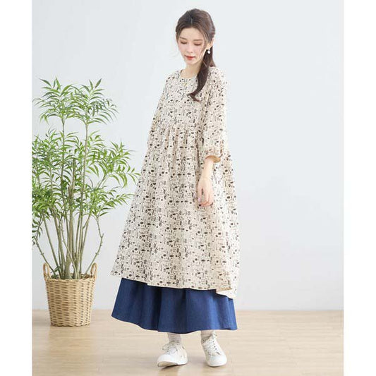 【N83-069|M〜L対応】ナチュラルガーデン柄 綿100%チュニックワンピース|7分袖・春の体型カバー