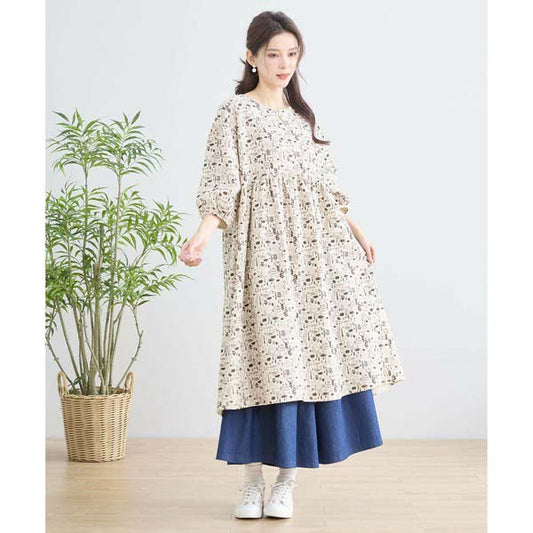 【N83-069|M〜L対応】ナチュラルガーデン柄 綿100%チュニックワンピース|7分袖・春の体型カバー