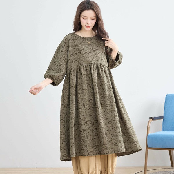 【N83-069|M〜L対応】ナチュラルガーデン柄 綿100%チュニックワンピース|7分袖・春の体型カバー