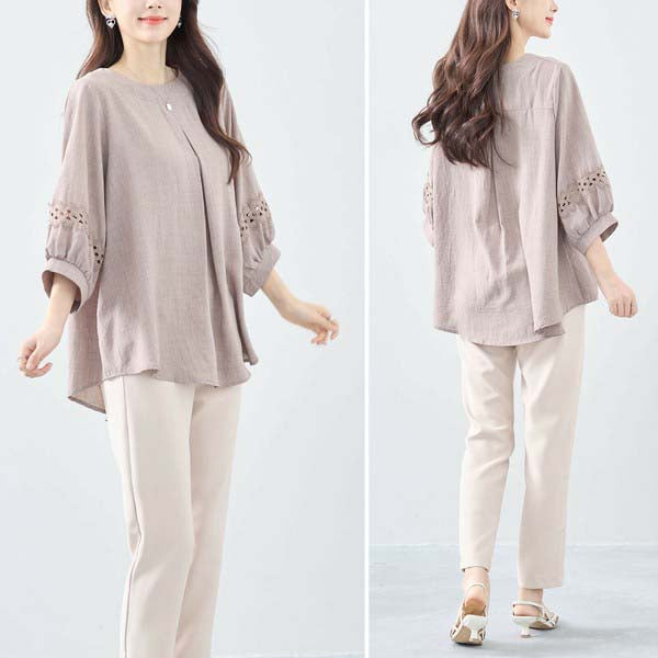 【L〜LL】7分袖チュニック|レース袖&タックデザインが上品映え(C31-2206)