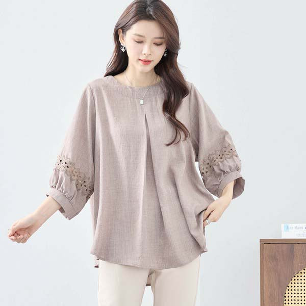 【L〜LL】7分袖チュニック|レース袖&タックデザインが上品映え(C31-2206)