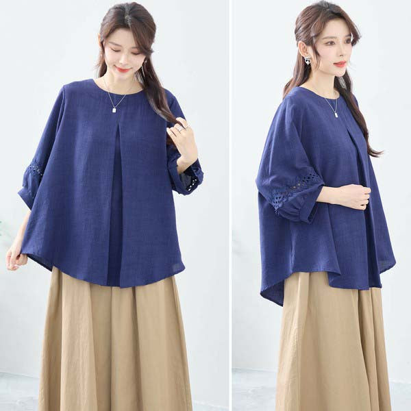 【L〜LL】7分袖チュニック|レース袖&タックデザインが上品映え(C31-2206)