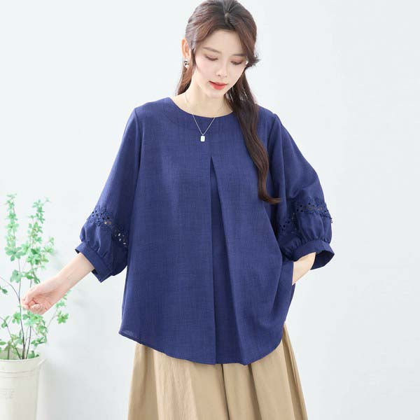 ネイビー カットソー N03-999 モデル正面スタイル ふんわり袖とゆったりシルエット