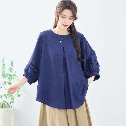 ネイビー カットソー N03-999 モデル正面スタイル ふんわり袖とゆったりシルエット