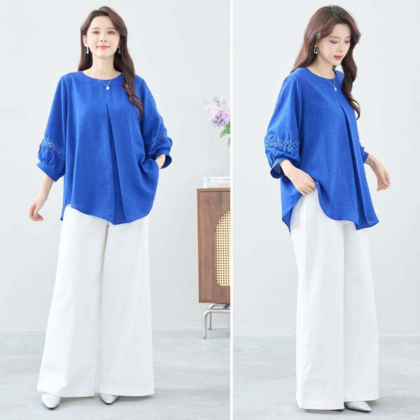 【L〜LL】7分袖チュニック|レース袖&タックデザインが上品映え(C31-2206)