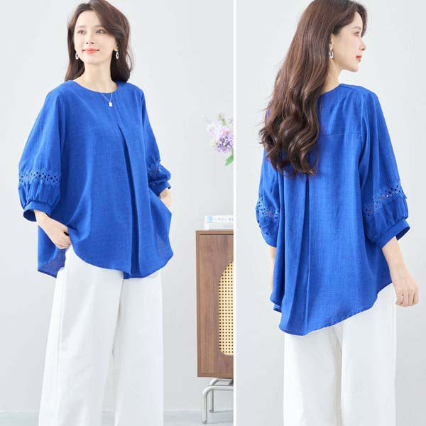 【L〜LL】7分袖チュニック|レース袖&タックデザインが上品映え(C31-2206)