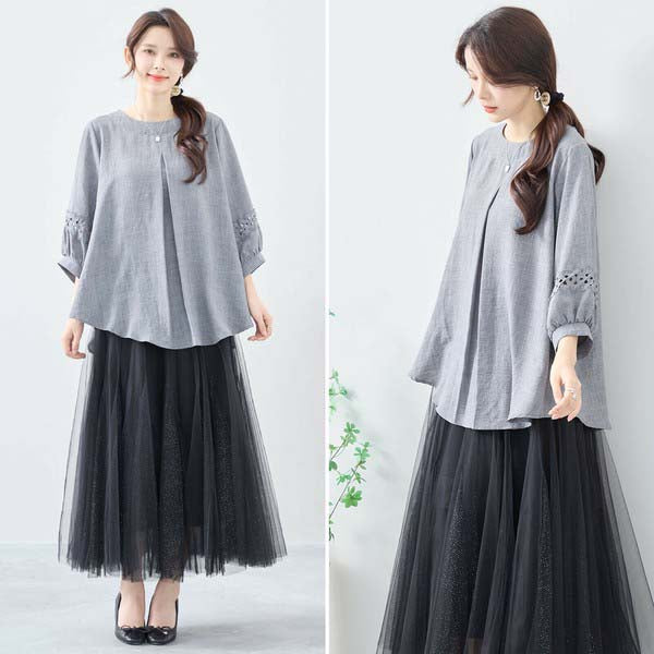 【L〜LL】7分袖チュニック|レース袖&タックデザインが上品映え(C31-2206)