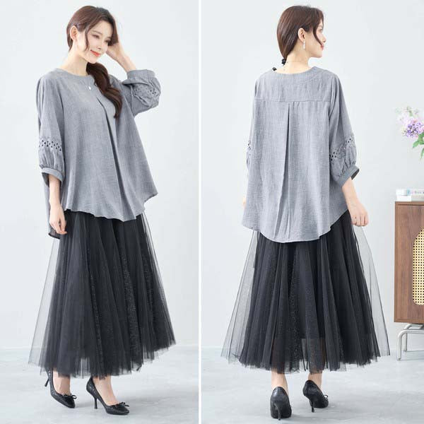 【L〜LL】7分袖チュニック|レース袖&タックデザインが上品映え(C31-2206)