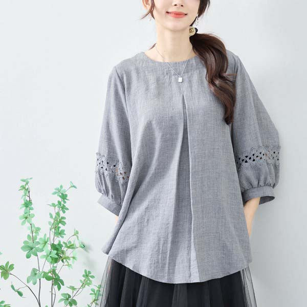 【L〜LL】7分袖チュニック|レース袖&タックデザインが上品映え(C31-2206)
