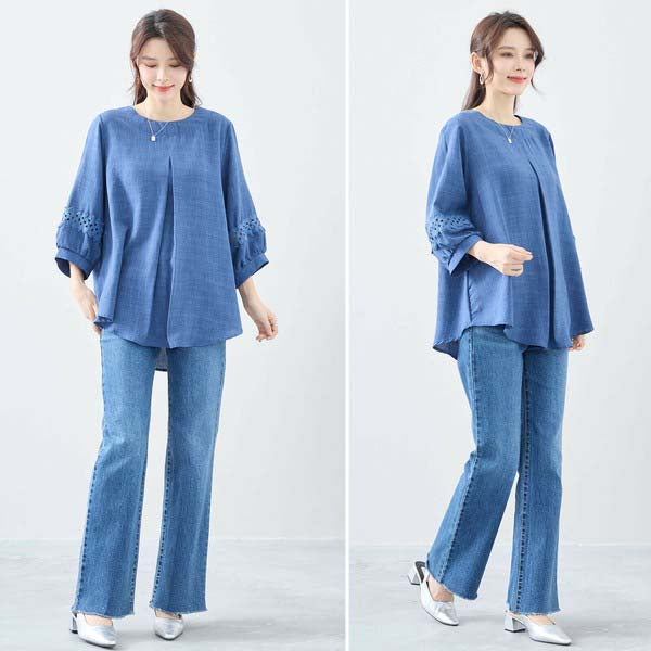 【L〜LL】7分袖チュニック|レース袖&タックデザインが上品映え(C31-2206)