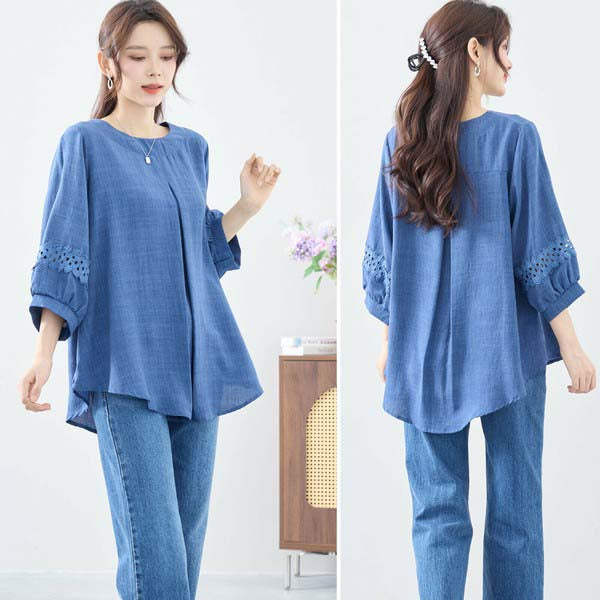 【L〜LL】7分袖チュニック|レース袖&タックデザインが上品映え(C31-2206)