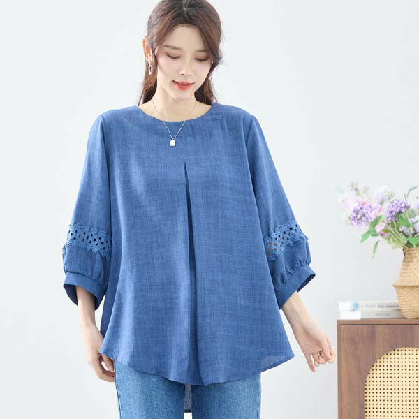 【L〜LL】7分袖チュニック|レース袖&タックデザインが上品映え(C31-2206)