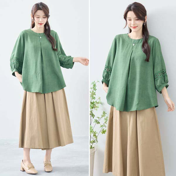 グリーン カットソー N03-999 モデル正面 スカートとのコーデ提案