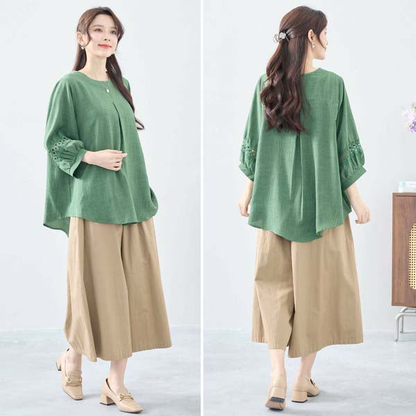 【L〜LL】7分袖チュニック|レース袖&タックデザインが上品映え(C31-2206)