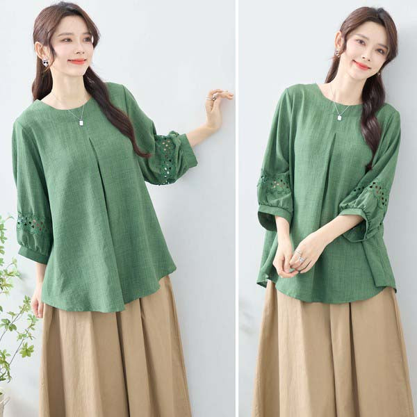 【L〜LL】7分袖チュニック|レース袖&タックデザインが上品映え(C31-2206)