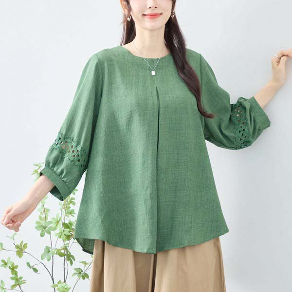 【L〜LL】7分袖チュニック|レース袖&タックデザインが上品映え(C31-2206)