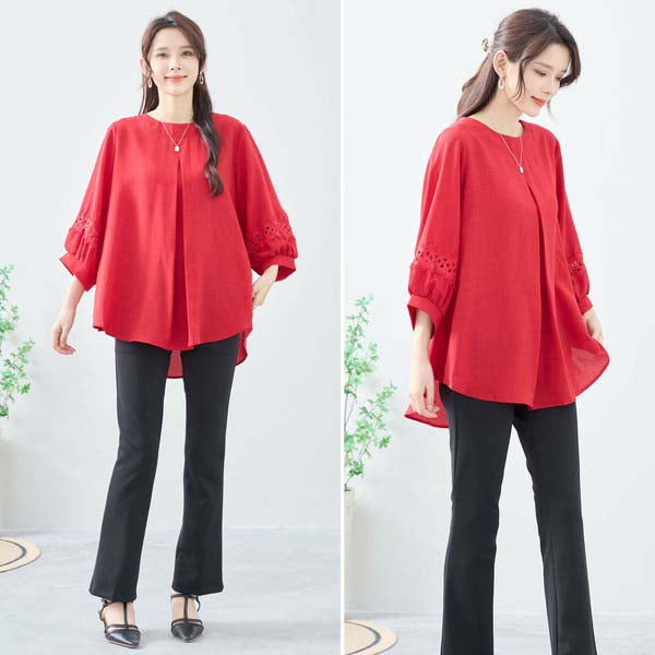 【L〜LL】7分袖チュニック|レース袖&タックデザインが上品映え(C31-2206)