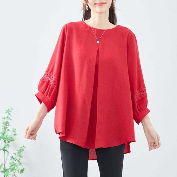 【L〜LL】7分袖チュニック|レース袖&タックデザインが上品映え(C31-2206)