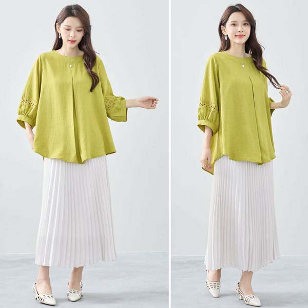 【L〜LL】7分袖チュニック|レース袖&タックデザインが上品映え(C31-2206)