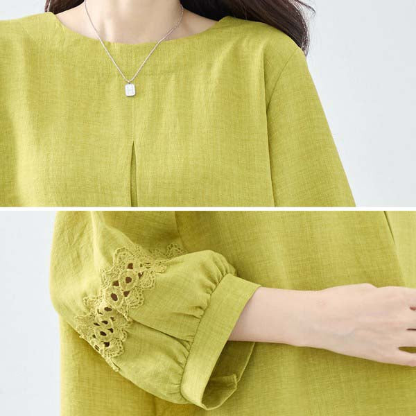 【L〜LL】7分袖チュニック|レース袖&タックデザインが上品映え(C31-2206)