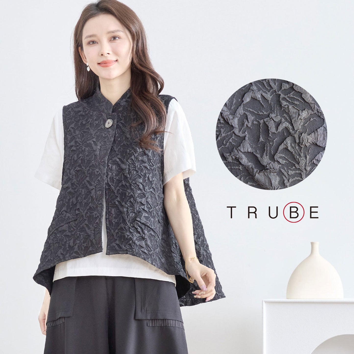 【N33-015|L〜LL対応】エレガンス フクレジャカードベスト|上品シルエットのワンボタンジャケット