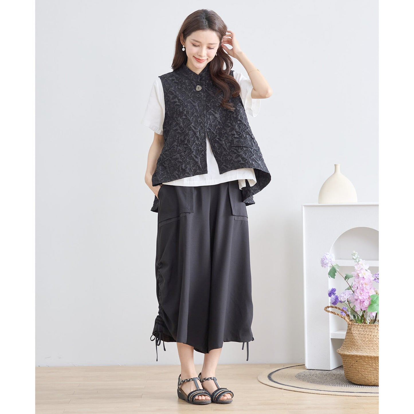 【N33-015|L〜LL対応】エレガンス フクレジャカードベスト|上品シルエットのワンボタンジャケット