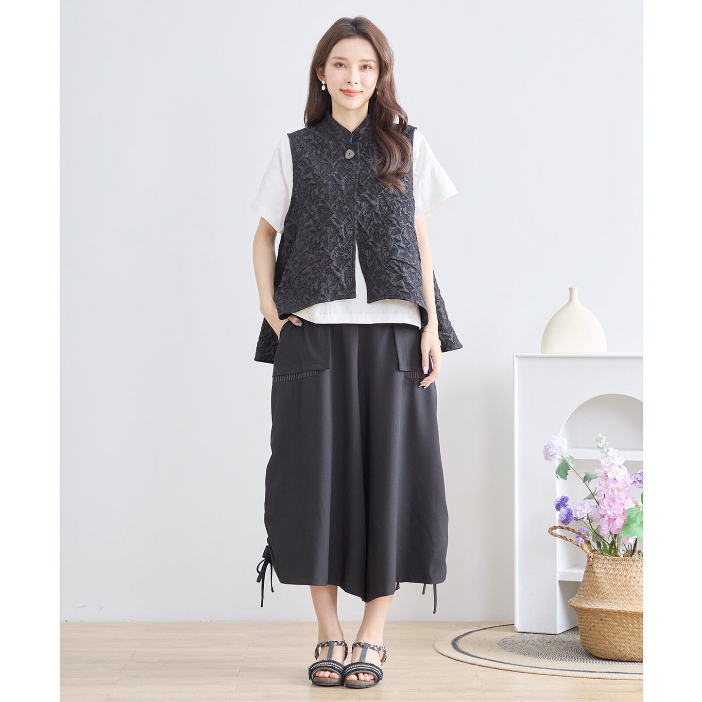 【N33-015|L〜LL対応】エレガンス フクレジャカードベスト|上品シルエットのワンボタンジャケット