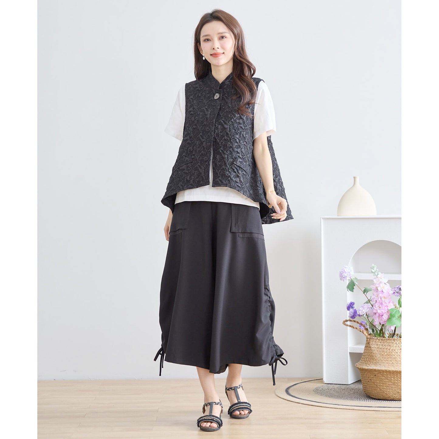 【N33-015|L〜LL対応】エレガンス フクレジャカードベスト|上品シルエットのワンボタンジャケット